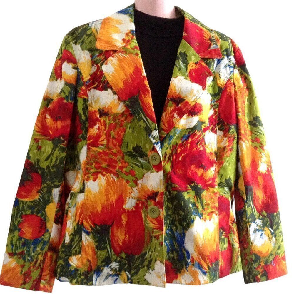 Chico's Jacket Women's Size 2 Orange Red Green Blue White Abstract Floral Flower